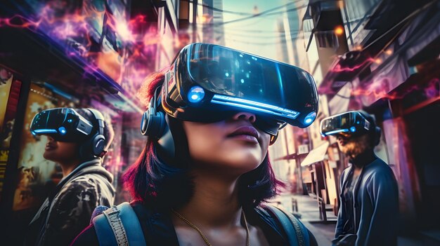 Mujer con auriculares de realidad virtual entrando en un mundo futurista de realidad virtual al estilo cyberpunk