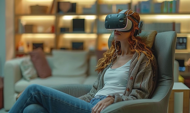 una mujer con auriculares de realidad virtual está sentada en un sofá