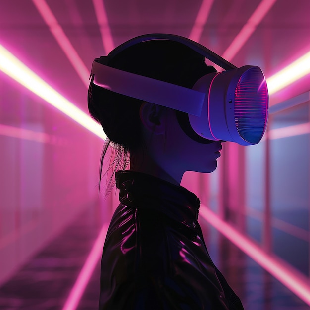 una mujer con auriculares de realidad virtual está usando un programa de realidad virtual
