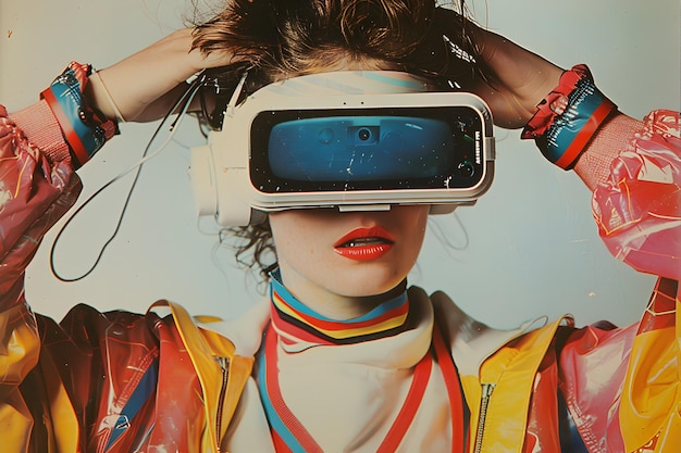 Foto mujer en auriculares de realidad virtual en el estilo futurista del pop art