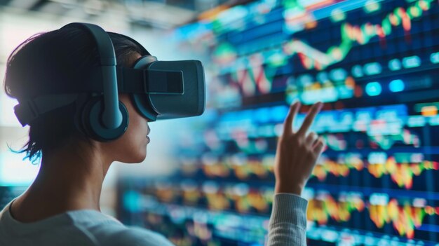 Mujer con auriculares de realidad virtual frente al muro de datos
