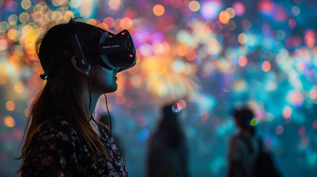 Mujer con auriculares de realidad virtual frente a fuegos artificiales