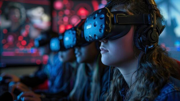 Una mujer con auriculares de realidad virtual inmersa en una experiencia de realidad virtual