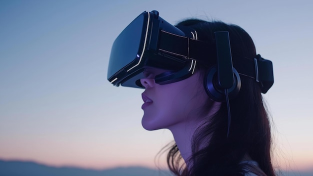 Mujer con auriculares de realidad virtual innovación digital VR púrpura