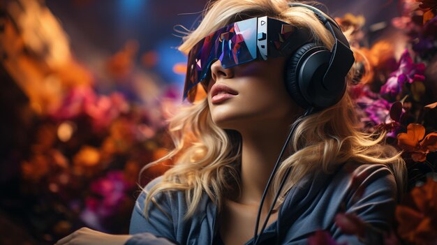 Mujer con auriculares de realidad virtual en un mundo de ensueño Generative Ai