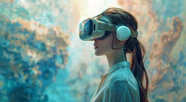 Mujer con auriculares de realidad virtual en un museo