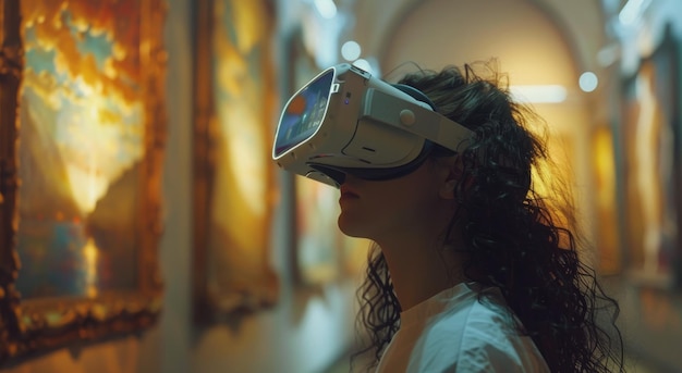 Mujer con auriculares de realidad virtual en el pasillo