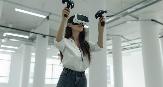 Mujer con auriculares de realidad virtual en