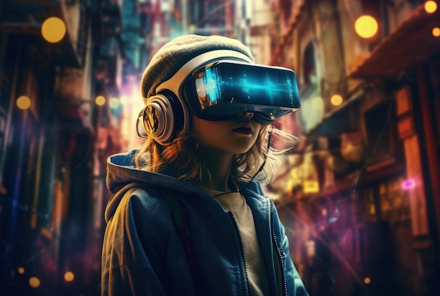 Mujer con auriculares de realidad virtual