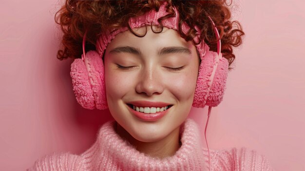 Mujer con auriculares rosados y suéter