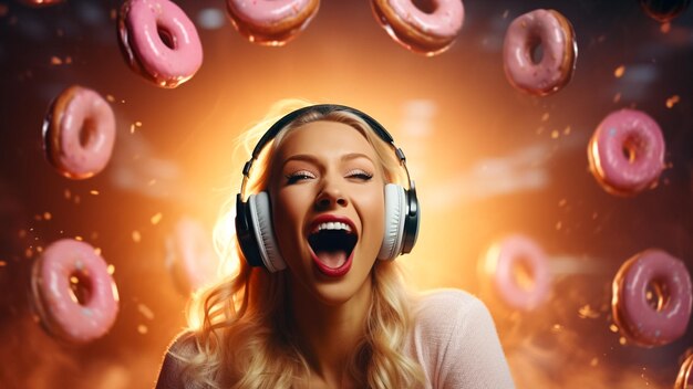 Foto una mujer con auriculares rosquillas