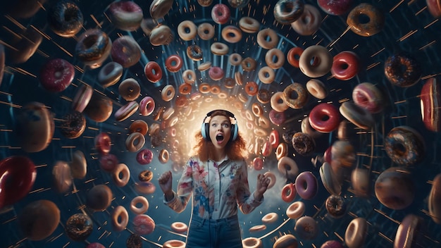 Foto una mujer con auriculares rosquillas