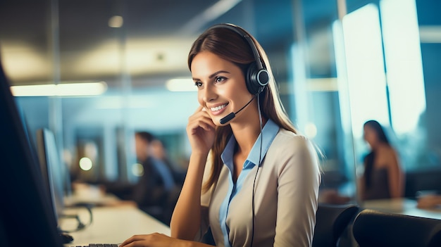 Una mujer con auriculares sentada frente a una computadora IA generativa