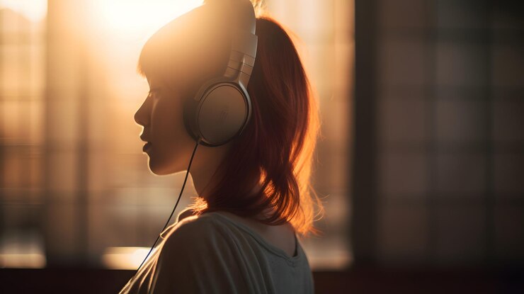 Una mujer con auriculares y el sol brillando en su rostro.