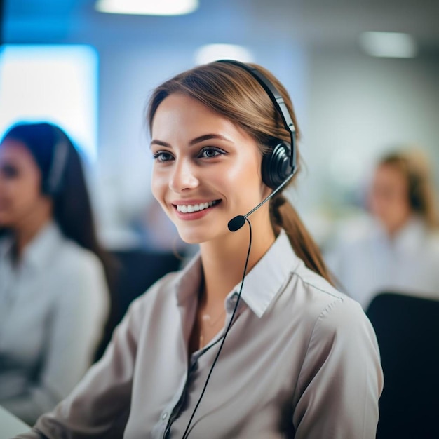 una mujer con auriculares sonríe mientras está sentada frente a una computadora