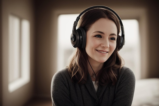 Una mujer con unos auriculares sonríe.