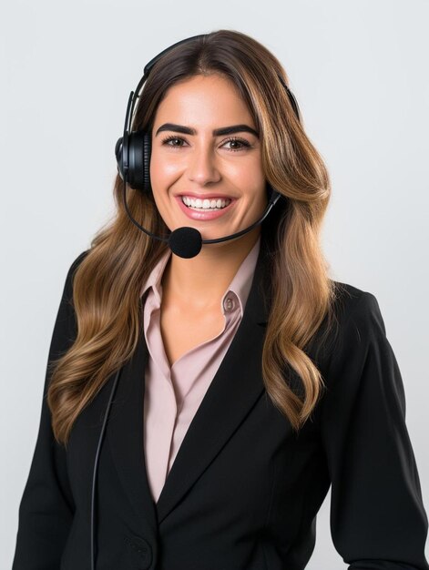 Foto una mujer con auriculares y sonriendo