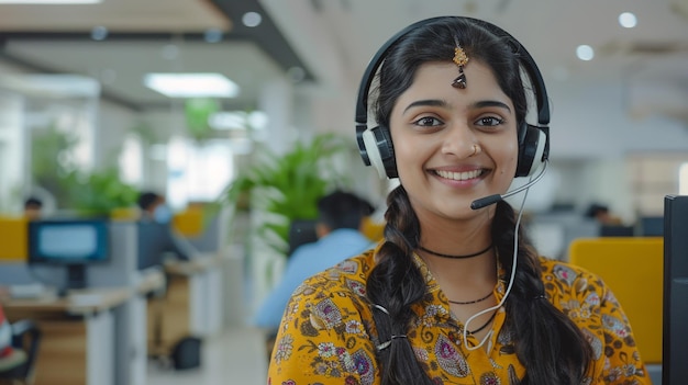 una mujer con auriculares y una sonrisa en la cara