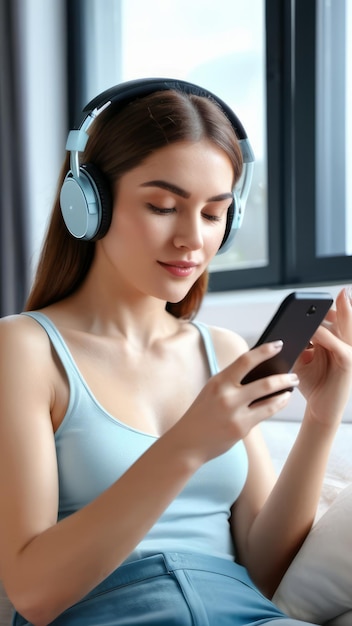 una mujer con auriculares y un teléfono