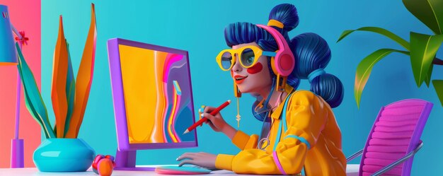Mujer con auriculares trabajando en una computadora en una habitación colorida