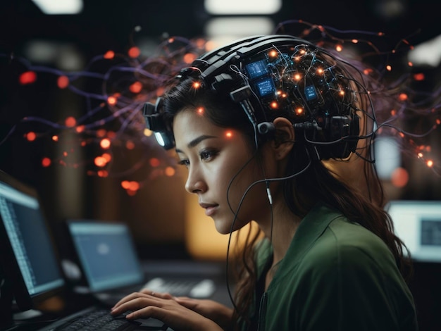 una mujer con auriculares usando una computadora portátil con cables saliendo de su cabeza