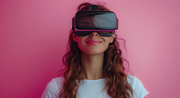 Mujer con auriculares virtuales en la habitación rosa