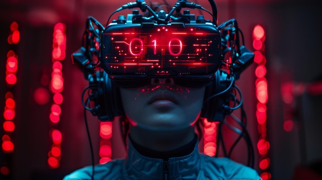 Mujer con auriculares virtuales con luces rojas detrás de la IA generativa