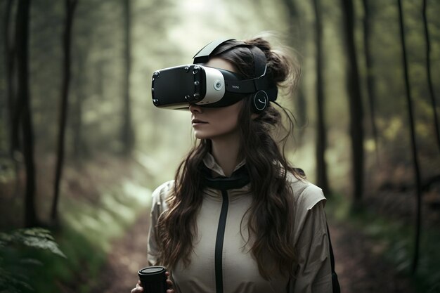 Mujer con auriculares VR afuera en el bosque.