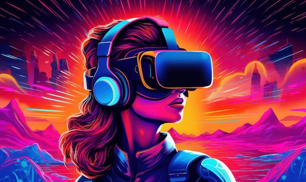 Mujer con auriculares VR Explorando el metaverso Gafas de realidad virtualTecnología Generativa Ai