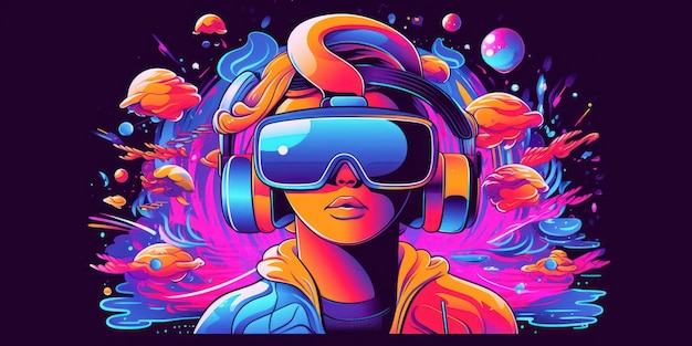 Mujer con auriculares VR Explorando el metaverso Gafas de realidad virtualTecnología Generativa Ai