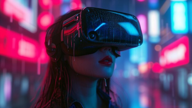 una mujer con auriculares VR y mirando algo al aire libre con fondo cyberpunk