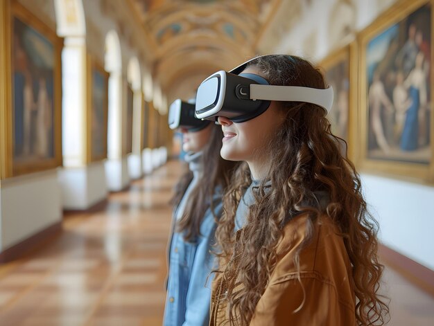 Foto una mujer con auriculares vr está de pie en un pasillo con pinturas en las paredes de un museo