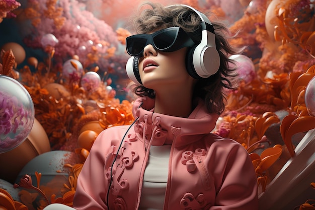 Mujer con auriculares VR usuario mundo surrealista y realidad virtual coloridos campos de flores IA generativa