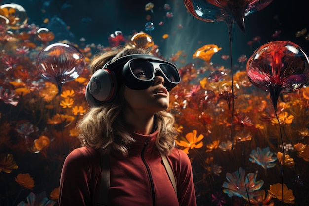Mujer con auriculares VR usuario mundo surrealista y realidad virtual coloridos campos de flores IA generativa
