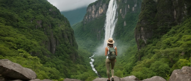 Una mujer aventurera con mochilas de pie en el borde de un acantilado y mirando una tierra hermosa