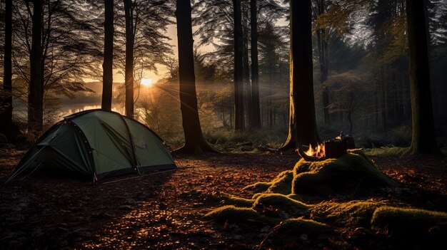 Mujer aventurera en solitario viajando y acampando en un parque natural