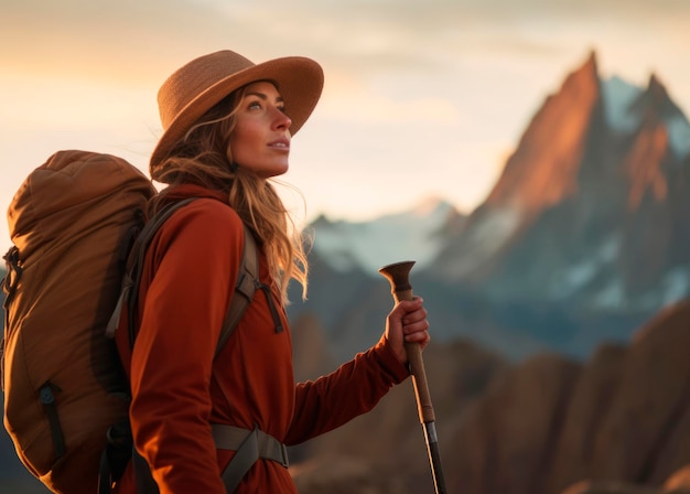 Mujer aventurera Trekking en terreno de alta montaña Explorando el aire libre Aventura en la naturaleza