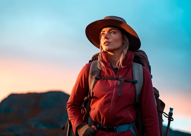 Mujer aventurera Trekking en terreno de alta montaña Explorando el aire libre Aventura en la naturaleza