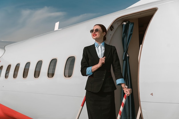 Mujer azafata con gafas de sol parada en las escaleras del avión en el aeropuerto y mirando hacia otro lado