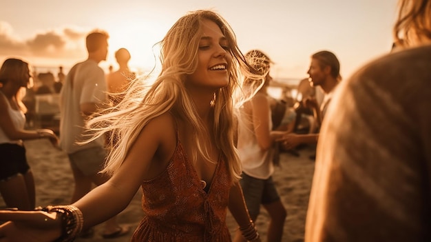 Una mujer baila en la playa con un hombre vestido de rojo.