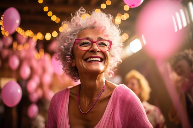 Una mujer bailando alegremente en una fiesta de supervivencia celebrando la vida después de vencer el cáncer de mama