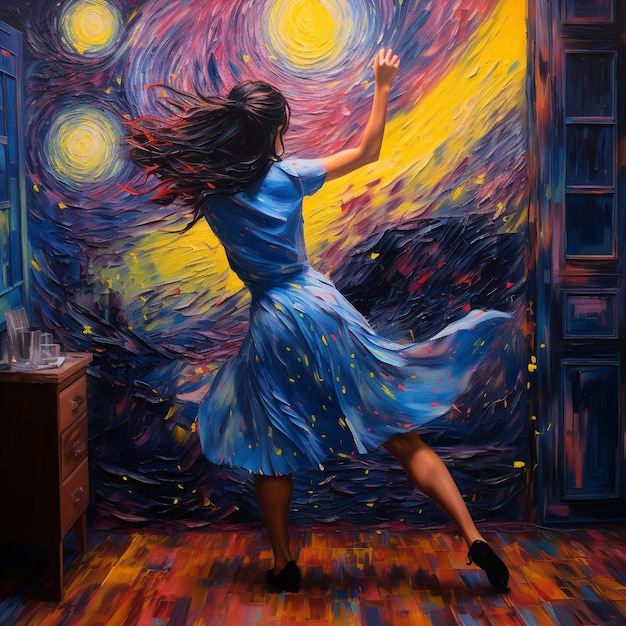 mujer bailando coloreada al estilo van gogh