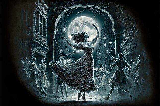 una mujer bailando en una escena nocturna con una luna en el fondo