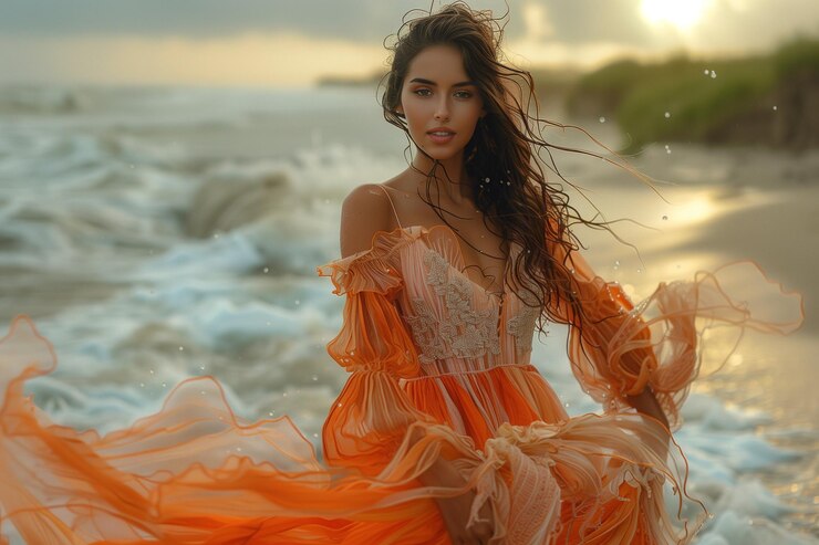 Mujer bailando en la orilla de una playa al atardecer