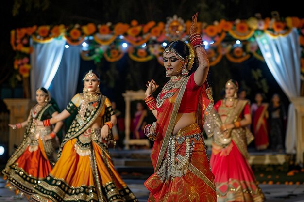 una mujer bailando la tradición y usando un traje colorido y tradicional con joyas