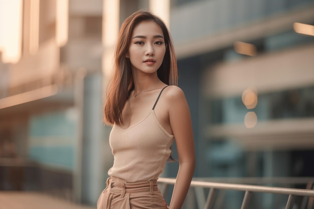 Una mujer se para en un balcón con un top beige y una falda color canela.