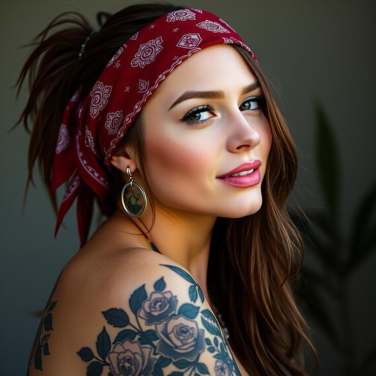 Mujer con bandana y tatuajes florales