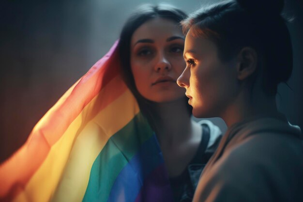 Foto una mujer con una bandera arco iris en la cabeza mira a una mujer en una habitación oscura.