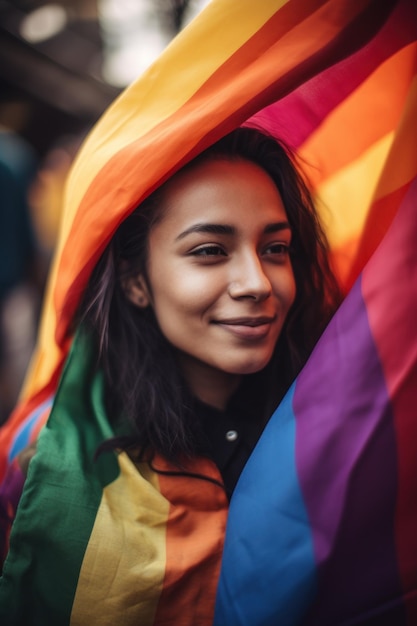 Una mujer con una bandera del arco iris en la cabeza