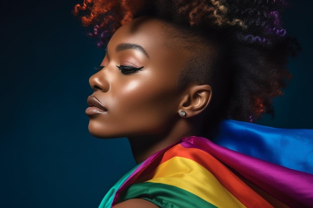 Una mujer con una bandera del arco iris en la cabeza